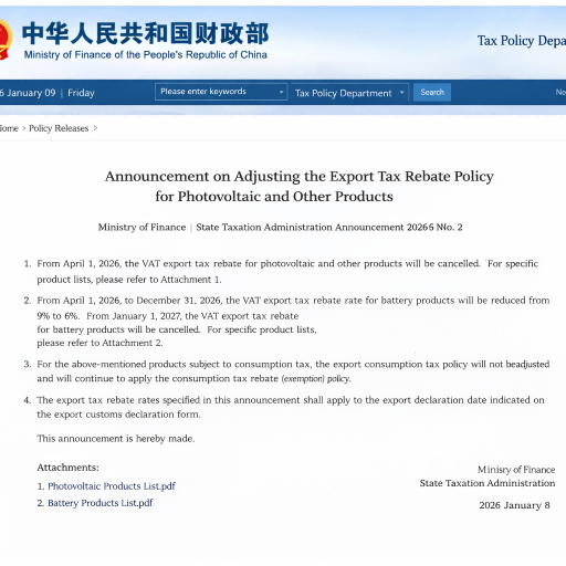Final Window for PV Discounts: China’s Decision to Eliminate Export VAT Refunds for PV Products